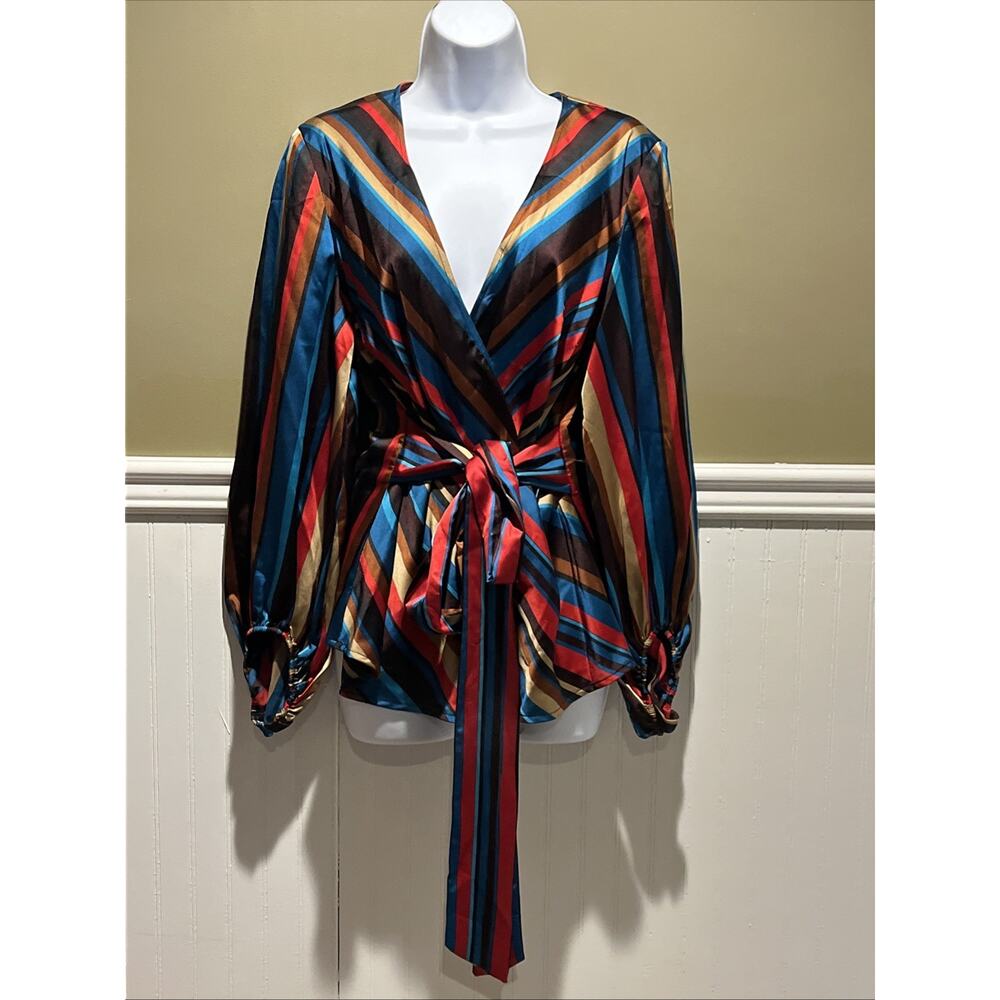 INC Multicolor Striped Wrap Top – V Neck Retro Style Women’s Medium